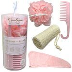 Jessica Simpson 4 Pc Bath Accessories Kit with Turban, Pouf, Loofah & Detangling Comb